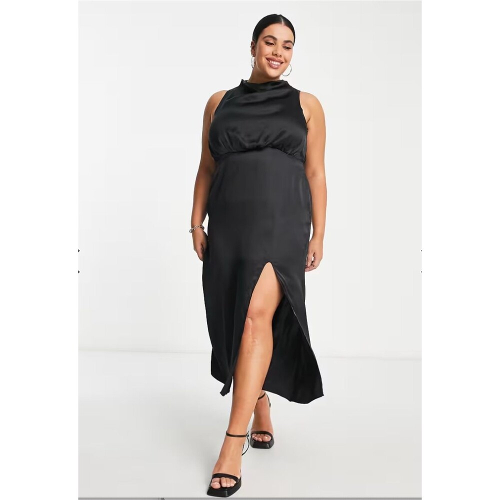 PRETTY LAVISH Dress Women 16 Curve Black Satin Empire High Neck Split Midi NWT - Picture 6 of 12